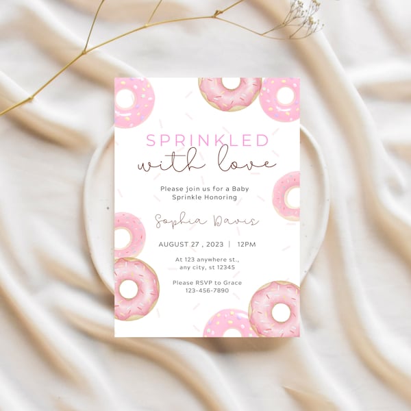Pink Donut Baby Sprinkle Invitation, Donuts Girl Baby Sprinkle Invite, Printable Editable Template, Instant Download, PDF, JPG, or PNG