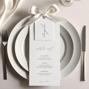 Bruiloftsmenukaarten Couvertsbundel Digitale sjabloon Minimalistische tafelinstelling Bruiloft Naam Plaatsingskaart voor tafel Bewerkbaar