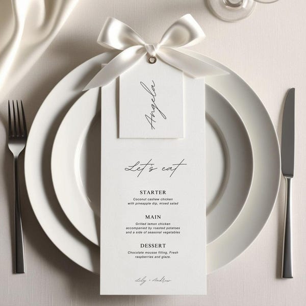 Menu e segnaposto per matrimonio minimalisti, menu eleganti per matrimoni, menu moderno e minimalista modificabile per matrimoni, menu personalizzato per matrimoni.