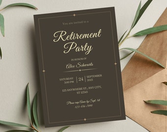 Anpassbare Einladung zur Ruhestandsfeier, dunkelbraune minimalistische Einladung, bearbeitbare Vorlage, digitaler Download, elegantes Einladungsset