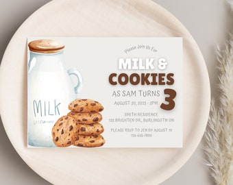 May include: A white invitation card with brown text that reads "Please Join Us For Milk & Cookies As Sam Turns 3 August 20, 2023 - 2PM Smith Residence 123 Brighten Dr., Burlington ON Please RSVP to Jen by August 10 123-456-7890". The card features a watercolor illustration of a glass milk jug and a stack of chocolate chip cookies.