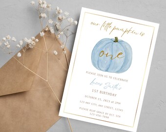 May include: A blue and gold pumpkin birthday invitation with the text "our little pumpkin is one" and the name "Lucas Smith's 1st Birthday". The invitation includes the date, time, and location of the party.