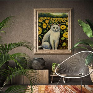 Van Gogh kat zonnebloem veld muurkunst, digitale download afdrukbare, grillige dierenkunst print voor kattenliefhebbers, cadeau voor haar Home decor