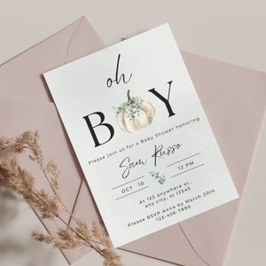 Conjunto de convite para chá de bebê de outono, convite para chá de bebê de outono, papel de carta para chá de bebê com tema de abóbora, convite Oh Boy, download digital