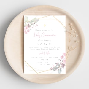 Florales Kommunion-Einladungsset, staubige rosa druckbare Kommunion-Einladung für Mädchen, editierbare Kommunion-Einladung, digitaler Download