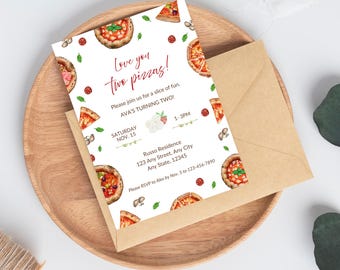 Liebe dich zwei Pizzas Einladung, Pizza Party Geburtstag einladen, digitaler Download, bearbeitbare Einladungsvorlage und Dankeschön-Tag, sofortiger Download