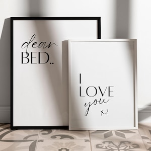 Drogi Bed, Kocham Cię, Cyfrowy wydruk na ścianę do sypialni, Przytulny wystrój domu, Uroczy cytat typograficzny, Minimalistyczny wydruk, Prezent dla niej