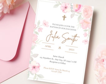 May include: A white baptism invitation with a pink floral design. The invitation includes the name "Julia Smith", the date "April 8, 2023", and the location "Saint Church, 123 Anywhere St., Any City, ST 12345".