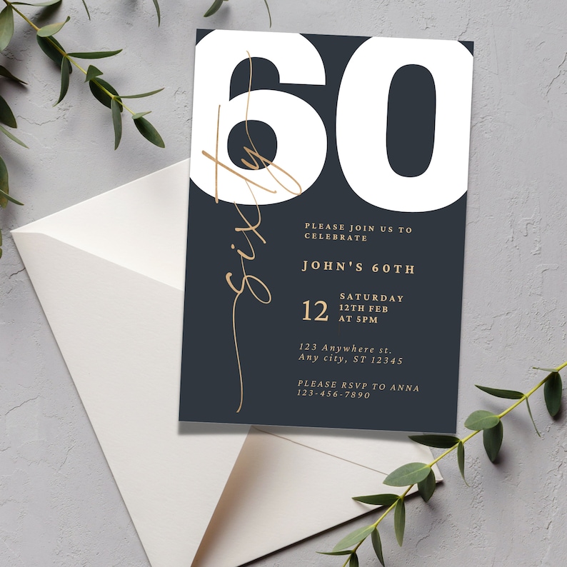 60th Birthday Invitation, Brown and Blue 60th Birthday Invite, Modern