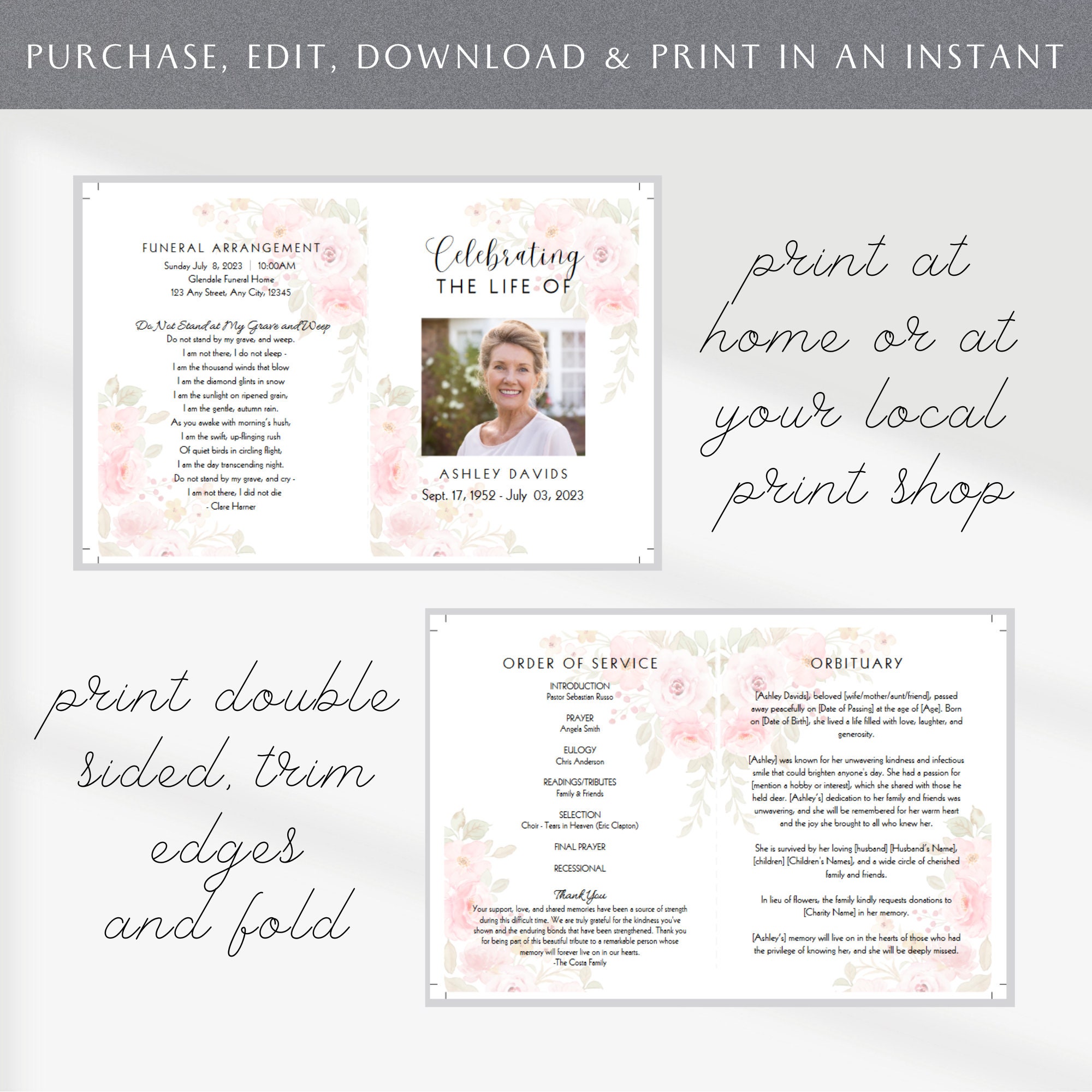 Pink Roses Funeral Program Template Floral Funeral Memorial - Etsy