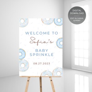 Blue Donut Baby Sprinkle Welcome Sign: Editable Template (PDF, PNG