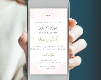 Invitación de bautizo rosa: Plantilla para bautizo de niña (Descarga digital)