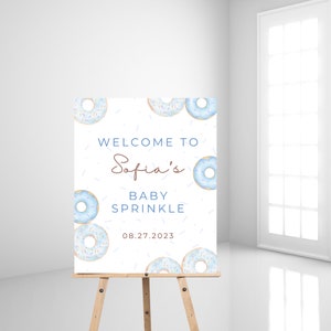 Placa de boas-vindas Blue Donut Baby Sprinkle, Placa de boas-vindas Donuts Boy Baby Sprinkle, Modelo editável para impressão, Download instantâneo, PDF, PNG, JPEG