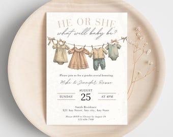 May include: A gender reveal invitation with the text "HE OR SHE what will baby be?" features illustrations of baby clothes hanging on a clothesline. The invitation includes event details: date, time, and location.