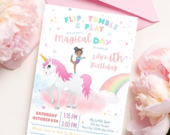 Invitación de cumpleaños de gimnasia mágica editable, invitación imprimible para fiesta de gimnasia, invitación de cumpleaños de gimnastas con temática de unicornio, tarjeta digital