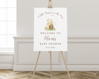 Classic Winnie the Pooh Baby Shower Welcome Sign, Pooh Bear Gender Neutral Themed Sprinkle, Baby Shower Welcome Sign, Editable Template