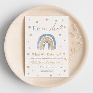 Invitación para fiesta de revelación de género con temática de arcoíris, papelería de baby shower con temática de arcoíris, plantilla editable para baby shower, invitación para revelación de género para él o ella