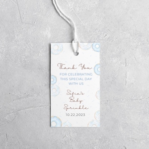 Blue Donut Baby Sprinkle Danke Geschenkanhänger, Donuts Boy Baby Sprinkle Dankeskarte, druckbare bearbeitbare Vorlage, sofortiger digitaler Download