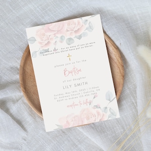 Rosa Blumen Taufe Einladung, Mädchen Taufe einladen, bearbeitbare Vorlage, Baby Mädchen Taufe, digitaler Download, anpassbare Taufkarte
