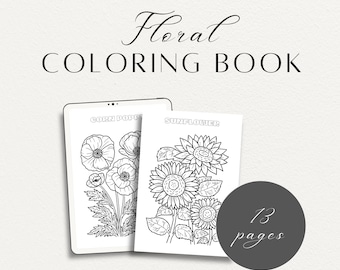 Libro para colorear floral imprimible, páginas para colorear para adultos para la relajación y la creatividad, blanco y negro, descarga digital, flores para adultos
