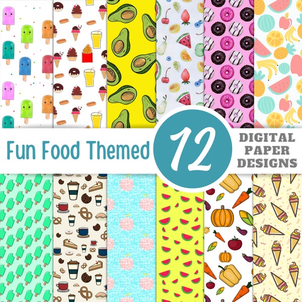 Fun Food Themed Digital Paper Designs, Printable Food Scrapbook Paper, Whimsical Scrapbooking Paper, Digital Download, Decorative Paper