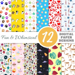 Dessins de papier numérique amusants, papier de scrapbooking imprimable, papier de scrapbooking fantaisiste, téléchargement numérique, papier décoratif, lot de 12