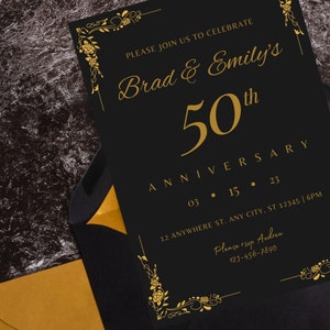 Faire-part 50e anniversaire, faire-part d'anniversaire noir et or, ensemble d'invitations d'anniversaire important, modèle modifiable, anniversaire d'or