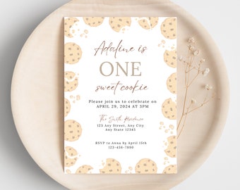 May include: A white invitation with a cookie pattern. The text reads "Adaline is ONE sweet cookie". The invitation is for a birthday party on April 29, 2024 at 3 PM. The address is The Smith Residence, 123 Any Street, Any City, Any State 12345. RSVP to Anna by April 15th at 123-456-7890.