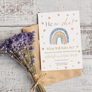 Regenboogthema gender Reveal-feestuitnodiging, regenboog babyshower briefpapier, bewerkbare babyshowersjabloon, hij of zij gender Reveal uitnodiging