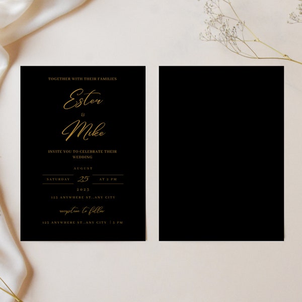 Minimalist Wedding Invitation Set, Modern Invite Bundle, Simple Template, Black and Gold English, Customizable Invite, 4 Different Styles