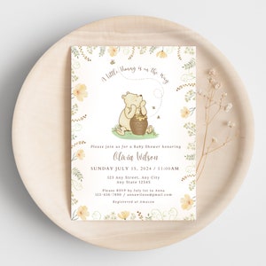Classic Winnie the Pooh Baby Shower Invite, Pooh Bear Gender Neutral Themed Sprinkle, A Little Hunny Is On The Way, Editable Template