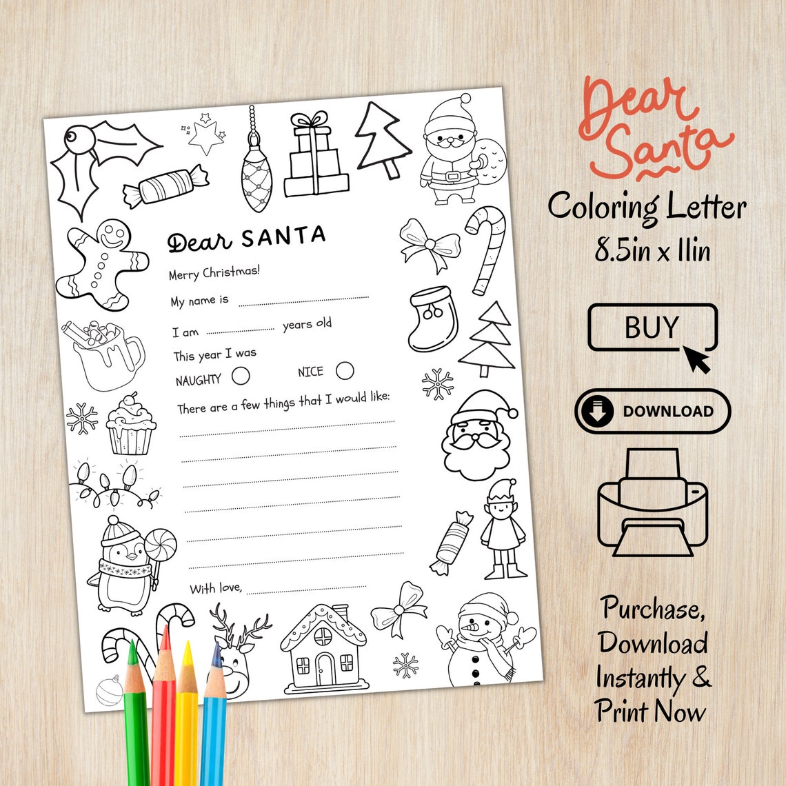Letter to Santa Coloring Page, Printable Dear Santa Letter, Christmas Wish List, Christmas
