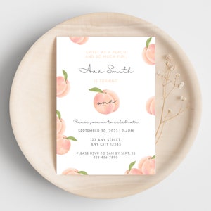 Sweet as a Peach Birthday Invitation, Peach Birthday Invitation, Girl First Birthday, Peach Themed Invite, Editable Printable Template