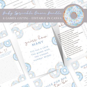 Blue Donut Baby Sprinkle Game Bundle, Donuts Boy Baby Sprinkle Games, Printable Editable Templates, Instant Download, PDF, JPG, or PNG