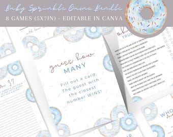 Blue Donut Baby Sprinkle Game Bundle, Donuts Boy Baby Sprinkle Games, Printable Editable Templates, Instant Download, PDF, JPG, or PNG