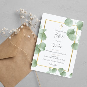Conjunto de convite de batismo de eucalipto, pacote de convite de batismo floral, convite de batismo de gênero neutro, convite de batismo verde, convite digital