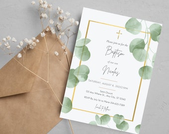 May include: A white baptism invitation with a gold frame and watercolor eucalyptus leaves. The text reads "Please join us for the Baptism of our son Nicolas. Saturday, August 8, 2023 | 11PM. Saint Church 123 Any Where St., Any City, ST 12345. RSVP By July 1st to Marie 514-625-7589. Love to follow"