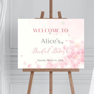 Pétalos y signo de bienvenida de brunch nupcial de Prosecco, signo de bienvenida de despedida de soltera floral rosa, pétalos de pastel rosa editables y signo de Prosecco