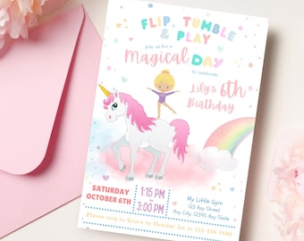 Invitación de cumpleaños de gimnasia mágica editable, invitación imprimible para fiesta de gimnasia, invitación de cumpleaños de gimnastas con temática de unicornio, tarjeta digital