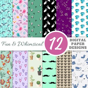 Dessins de papier numérique amusants, papier de scrapbooking imprimable, papier de scrapbooking fantaisiste, téléchargement numérique, papier décoratif, lot de 12