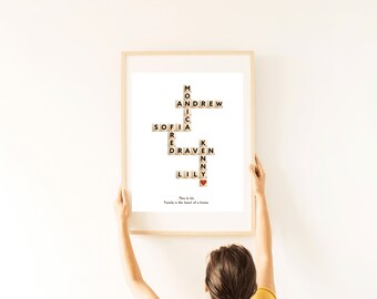Impresión de crucigrama con apellidos, regalo único para inauguración de la casa, arte mural de Scrabble, decoración familiar significativa, recuerdo personalizado de Scrabble