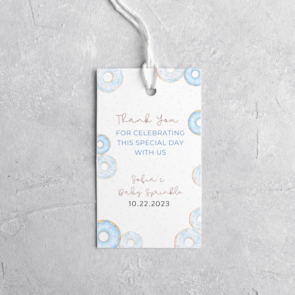 Blue Donut Baby Sprinkle Thank You Gift Tag, Donuts Boy Baby Sprinkle Thank You Card, Printable Editable Template, Instant Digital Download