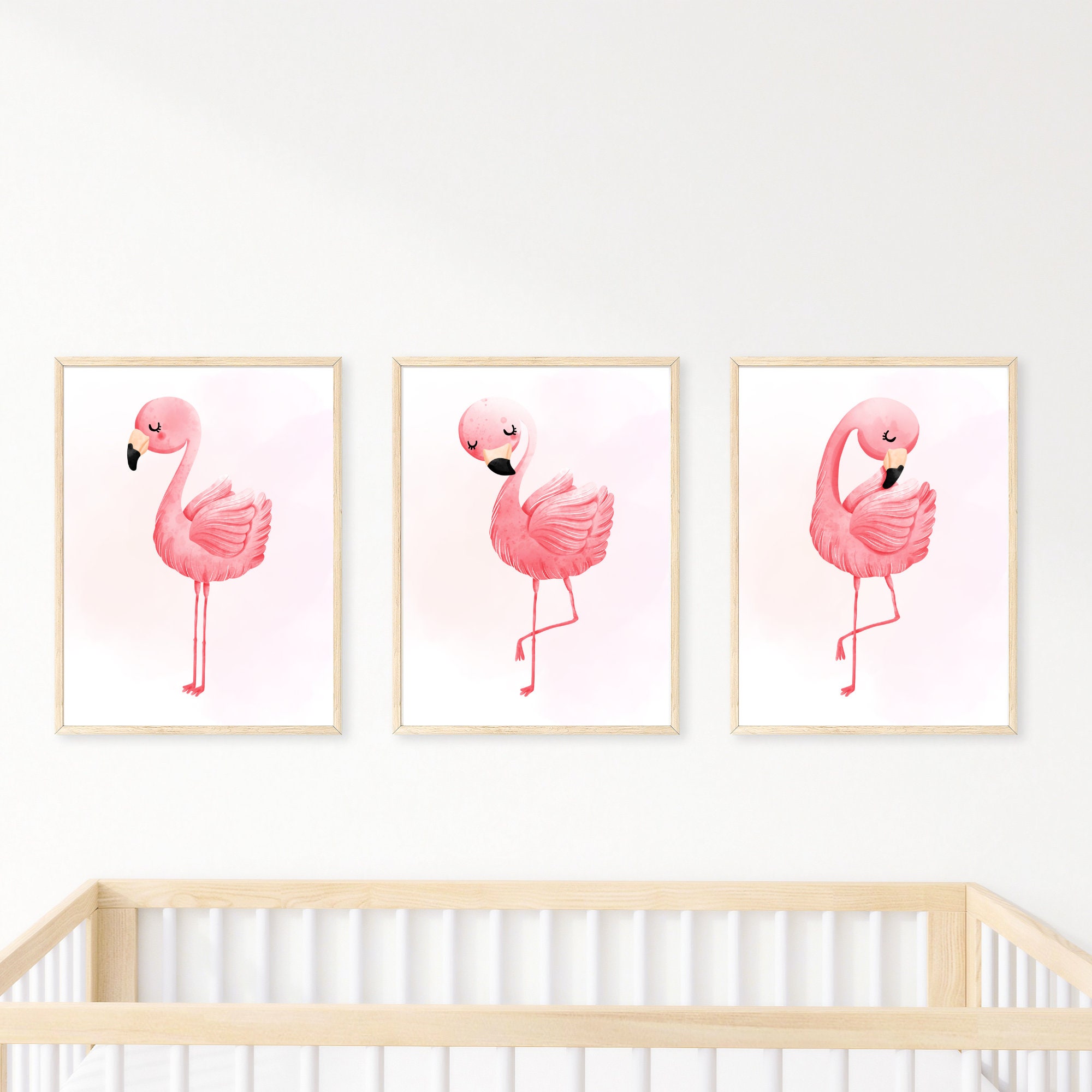 Arte mural de flamencos, decoración de pared para habitación infantil, impresiones rosas, impresiones para dormitorio de niña, juego de 3, impresiones digitales, descarga instantánea