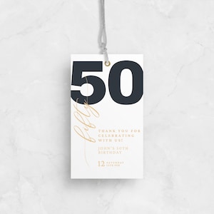 Étiquette-cadeau pour 50e anniversaire, étiquette de remerciement pour 50e anniversaire marron et bleu, étiquette-cadeau d'anniversaire adulte moderne, modèle modifiable d'étiquette d'anniversaire d'étape importante