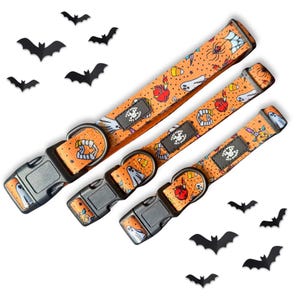 May include: Three orange Halloween-themed dog collars with black buckles and a variety of spooky illustrations. The collars feature ghosts, candy corn, and spiderwebs. Black bat cutouts are scattered around the collars.