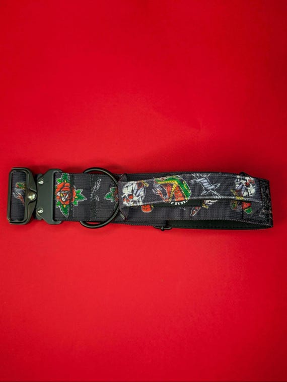 Traditional Tattoo Tuff Bones Pet Supply Tactical Black Dog Collar 2 inch wide