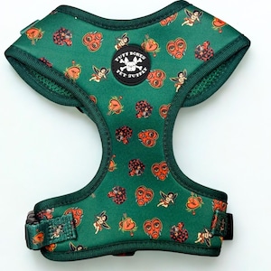 May include: A green dog harness with a repeating pattern of red hearts, cherubs, and other tattoo-style designs. The harness has a black and white logo patch that says "Tuff Bones Pet Supply".