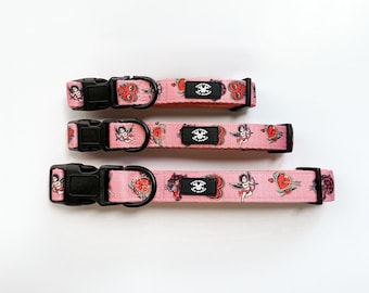 Valentine Traditional Tattoo Pink Adjustable Tuff Bones Pet Supply Dog Collar