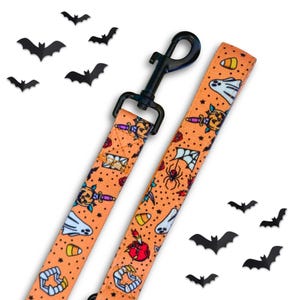 May include: An orange dog leash featuring a repeating Halloween pattern of ghosts, pumpkins, spiders, candy corn, and vampire teeth, equipped with a black metal swivel snap hook and surrounded by several small black paper bat cutouts.
