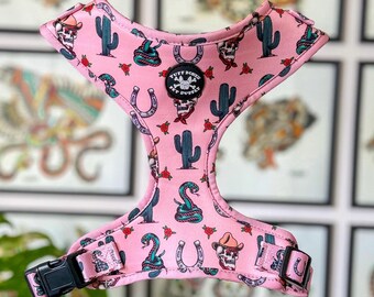 Western Traditional Tattoo Adjustable Dog Harness in Pink